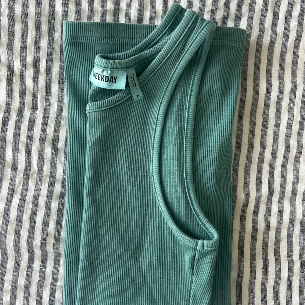 Weekday Stella organic cotton midi tank dress in washed green teal